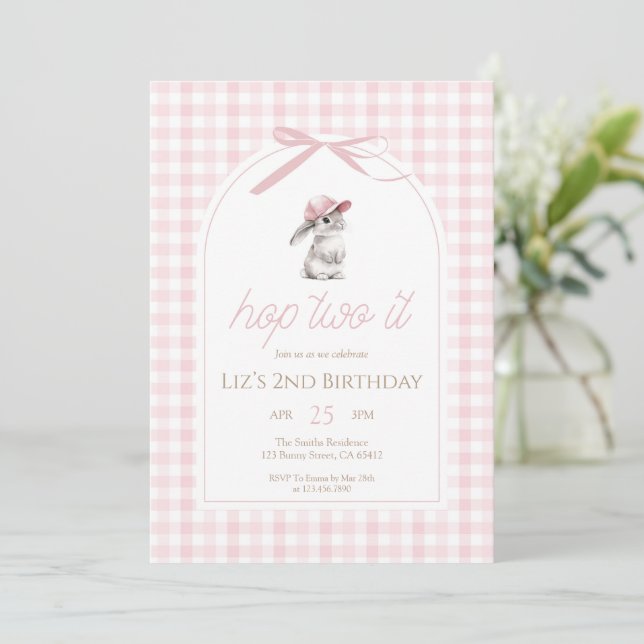 Hop Two It Pink Gingham Bunny 2nd Birthday Invitation (Standing Front)