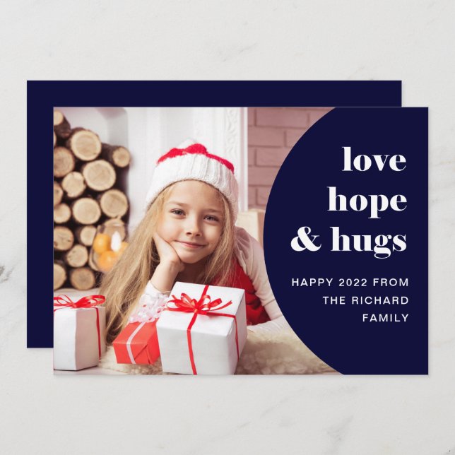 Hope and Hugs | Curved Frame Photo Navy Blue Holiday Card (Front/Back)