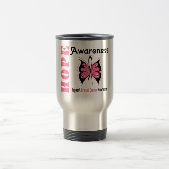 Hope Awareness Butterfly Breast Cancer Travel Mug (Center)