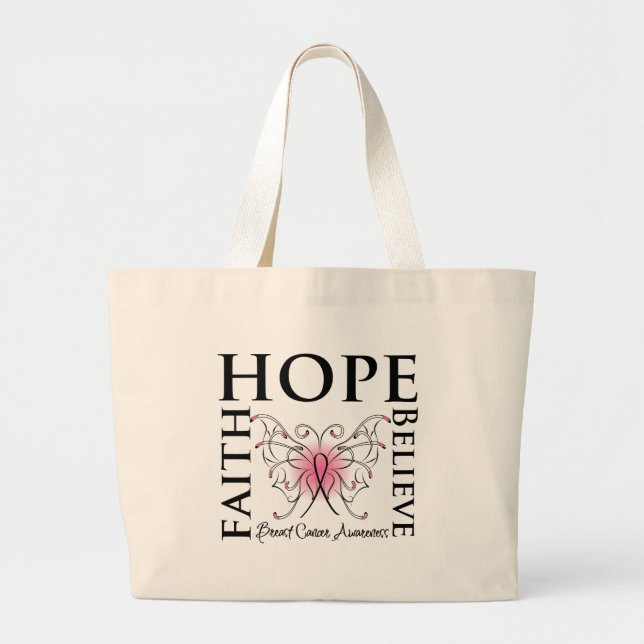 Hope Believe Faith - Breast Cancer Large Tote Bag (Front)