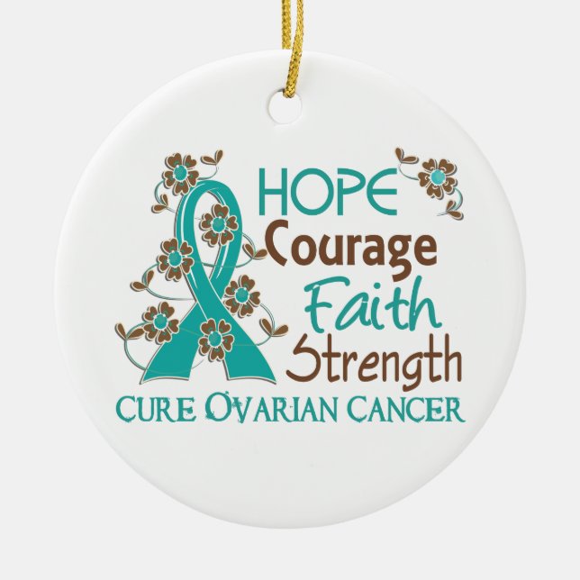 Hope Courage Faith Strength 3 Ovarian Cancer Ceramic Tree Decoration (Front)