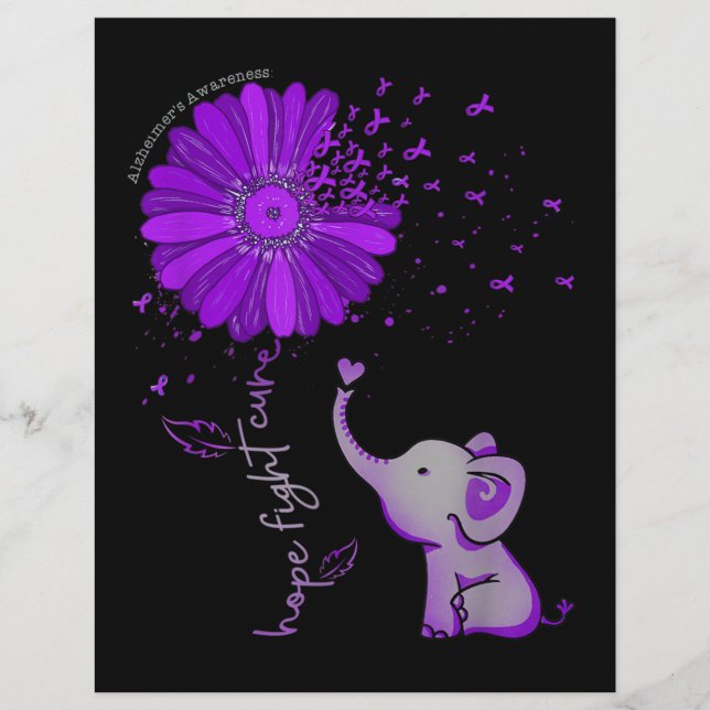 Hope Fight Cute Elephant Alzheimer's Purple Ribbon Custom Letterhead (Front)