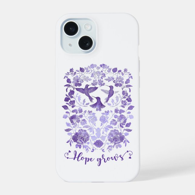 Hope Grows – Lavender Linocut Bird Inspirational iPhone 15 Case (Back)