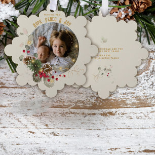 Hope, Peace, Joy Gold Red Holly Photo Keepsake Tree Decoration Card