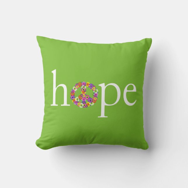 Hope & Peace Sign Floral on Lime Green Cushion (Front)