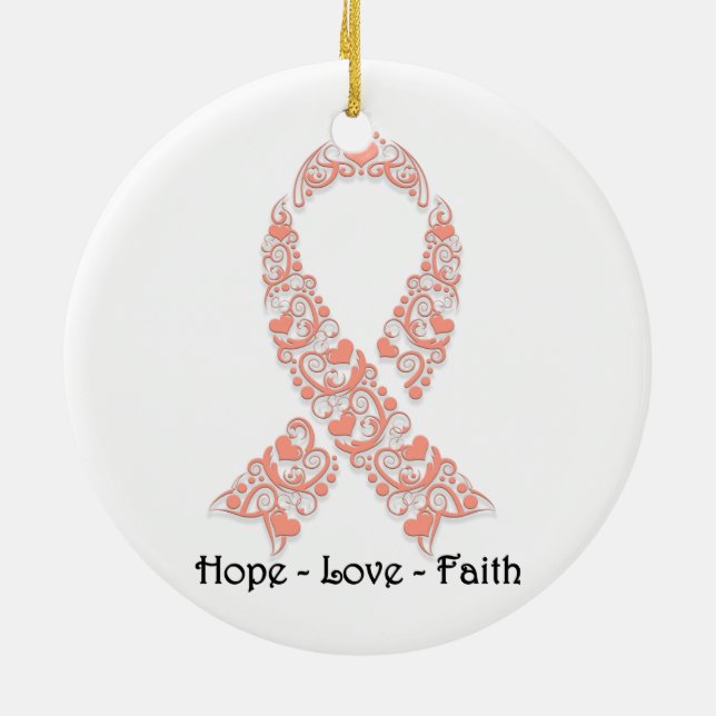 Hope Peach Awareness Ribbon Ceramic Tree Decoration (Back)