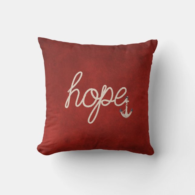 Hope rope text with anchor on red cushion (Front)