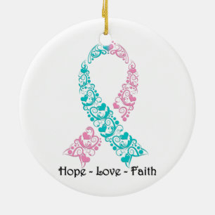 Hope Teal and Pink Awareness Ribbon Ceramic Tree Decoration