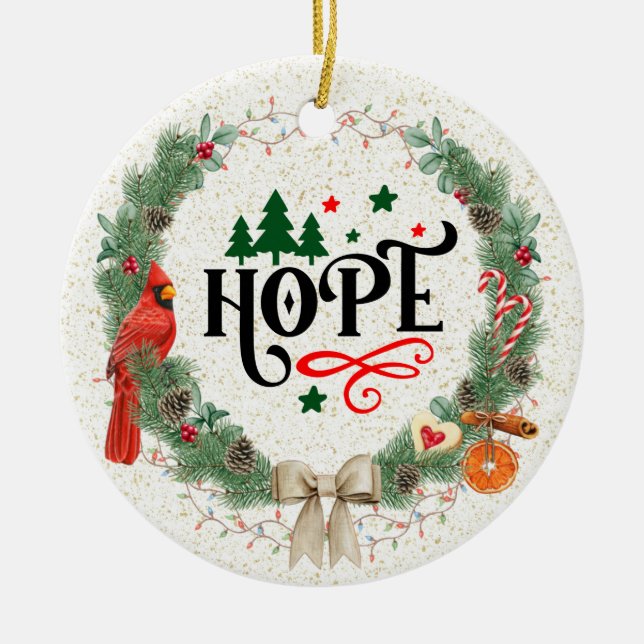 Hope word with Christmas Wreath with ribbon Ceramic Tree Decoration (Front)