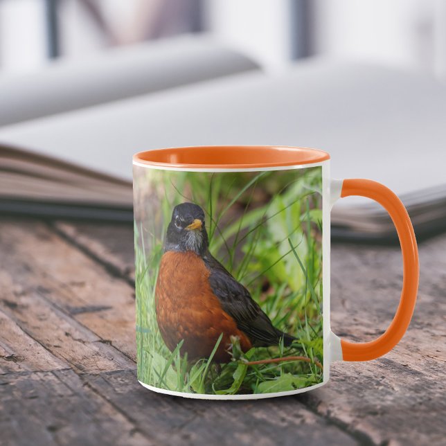 Hopeful American Robin Songbird in the Grass Mug (Robin the Grass 11 oz Coffee Mug Cover Photo.)