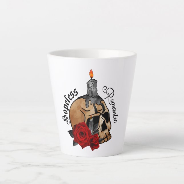 Hopeless Romantic – Gothic Skull, Red Rose Latte Mug (Front)