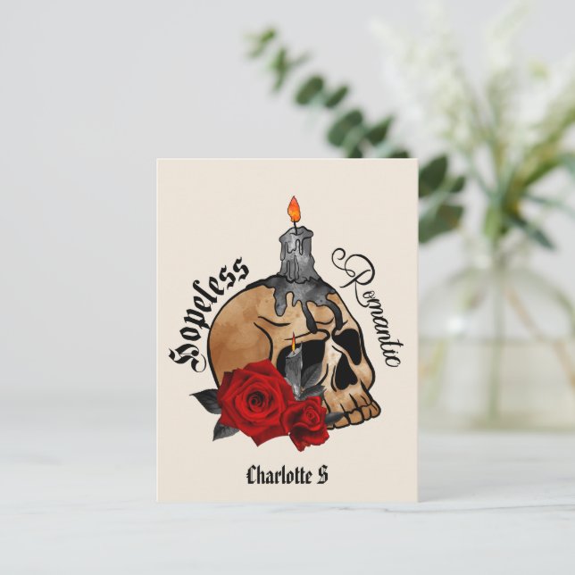 Hopeless Romantic – Gothic Skull, Red Rose Postcard (Standing Front)