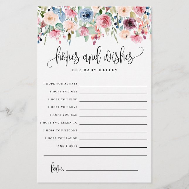 Hopes and Wishes, Floral Baby Advice Paper Card (Front)