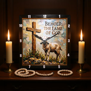 Hope's Hour: Sacred Cross & Lamb Square Wall Clock