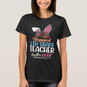 Hoppiest 5th Grade Teacher Ever Bunny Ear Red Plai T-Shirt