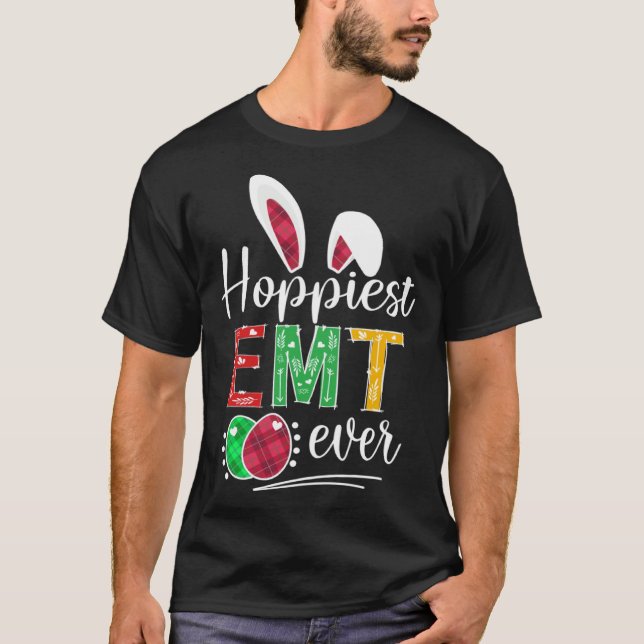 Hoppiest EMT Ever Bunny Ears Buffalo Plaid Easter T-Shirt (Front)