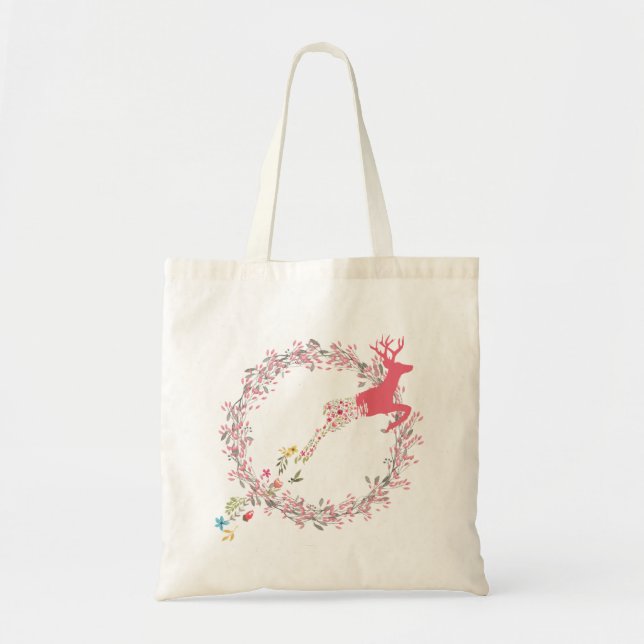 Hopping Floral Reindeer Tote Bag (Front)