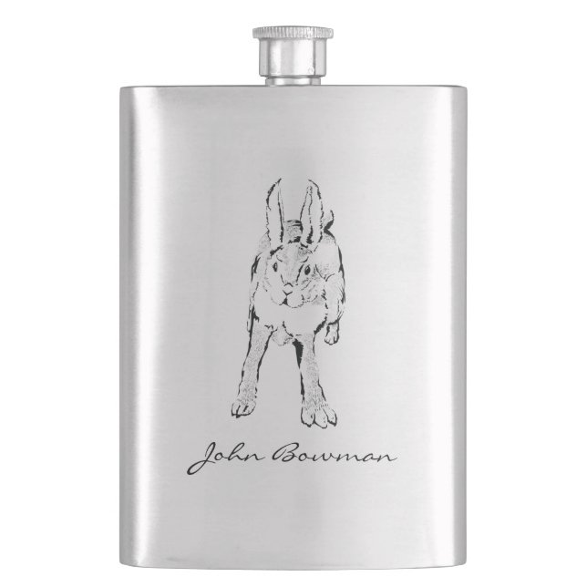 Hopping Wild Rabbit / Personalised Name Hip Flask (Front)