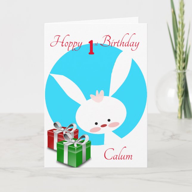 Hoppy 1st Birthday Boys Rabbit Card (Front)