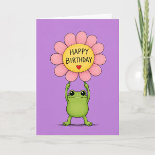 Hoppy Birthday! Cute Frog Holding Flower Birthday Card