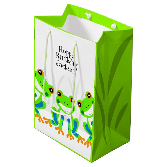 Hoppy Birthday! Cute Green Tree Frogs in the Grass Medium Gift Bag (Front Angled)