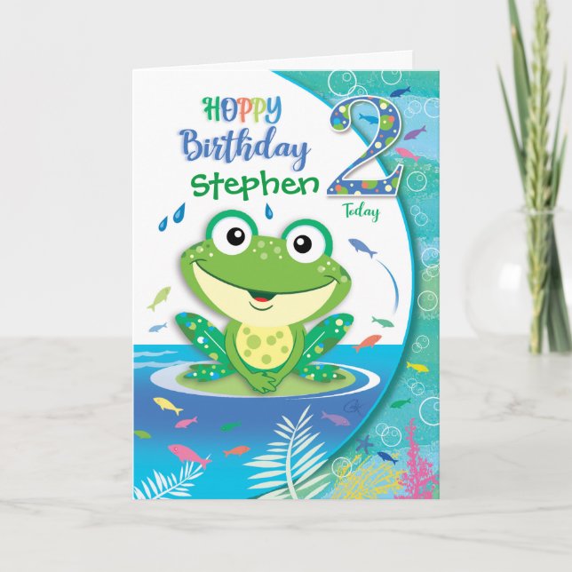 Hoppy Birthday Green Frog, Boy age 2 Card (Front)