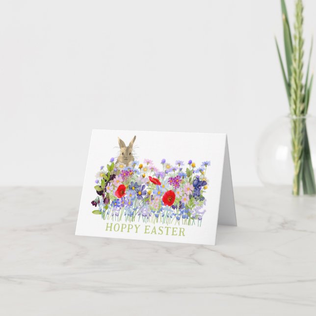Hoppy Easter Bunny and Wildflowers Boho Card (Front)