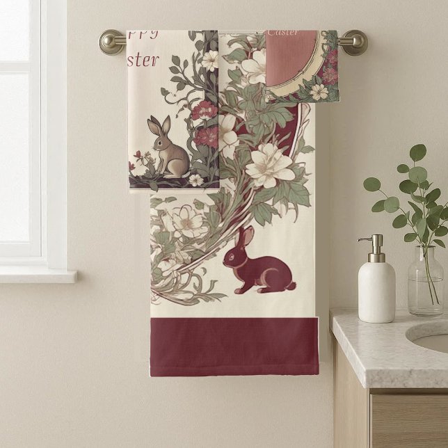 Hoppy Easter Bunny Art Nouveau Burgundy Farmhouse Bath Towel Set (Hoppy Easter Bunny Art Nouveau Burgundy Farmhouse Bath Towel Set)