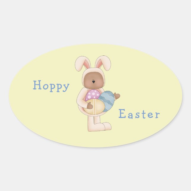 Hoppy Easter Bunny Teddy Bear Oval Sticker (Front)