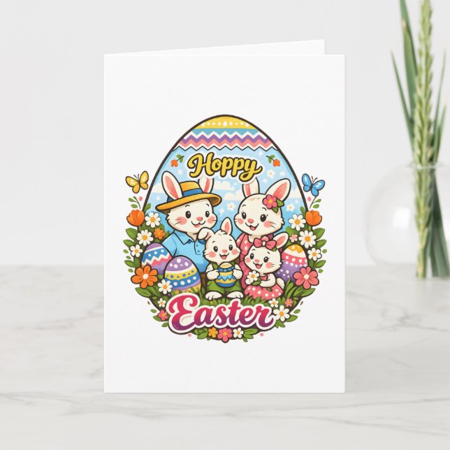Hoppy Easter Colorful Cartoon Bunny Family Graphic Holiday Card (Front)