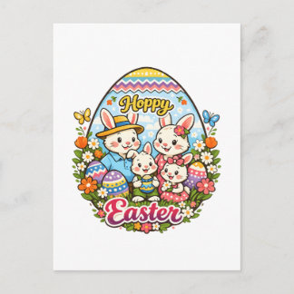 Hoppy Easter Colorful Cartoon Bunny Family Graphic Holiday Postcard