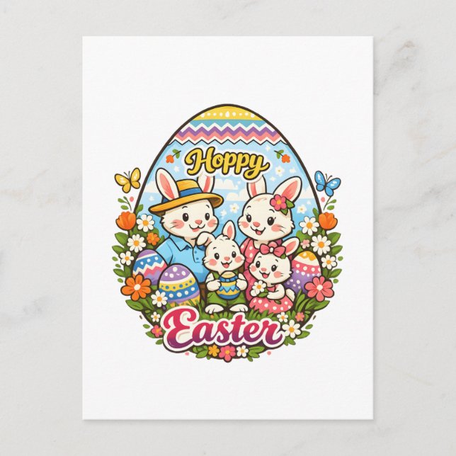 Hoppy Easter Colorful Cartoon Bunny Family Graphic Holiday Postcard (Front)