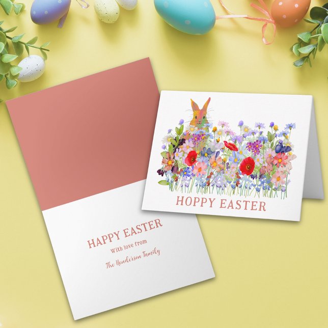 Hoppy Easter Cute Bunny and Boho Wildflowers Card (Personalized hoppy happy  easter cute bunny watercolor wildflower meadow spring floral holiday card)