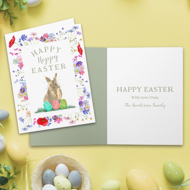 Hoppy Easter Cute Bunny and Eggs Floral Card (Personalized happy hoppy Easter cute bunny watercolor wildflower spring floral folded holiday card)