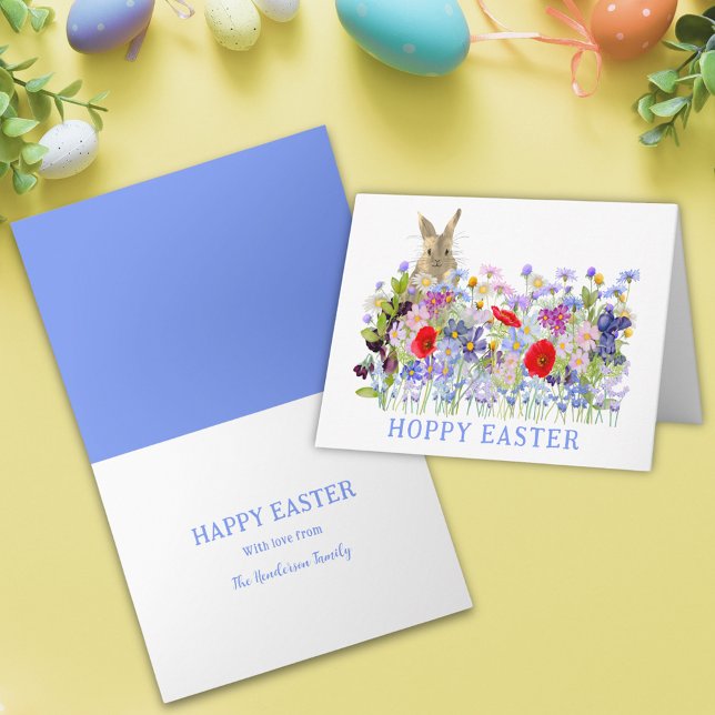 Hoppy Easter Cute Bunny and Spring Floral Card (Personalized hoppy easter cute bunny colorful wildflower meadow spring floral holiday greetings card)