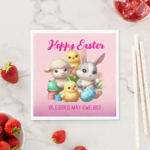 Hoppy Easter Cute Bunny Chicks Lamb Painting Eggs Napkin