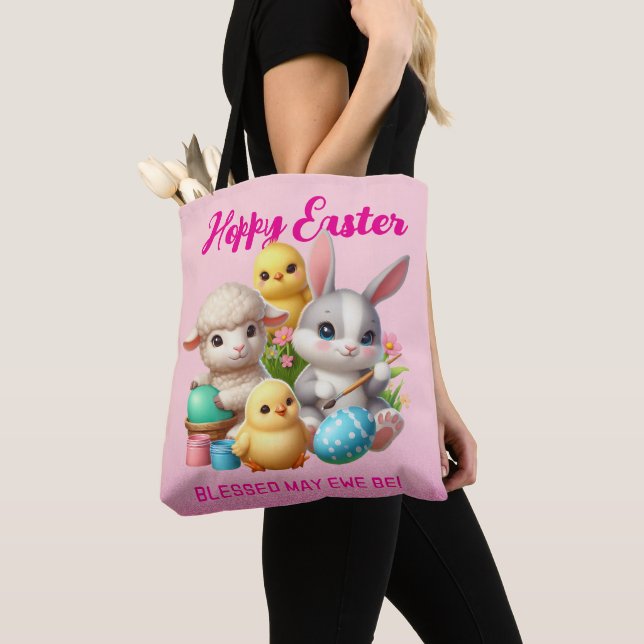 Hoppy Easter Cute Bunny Chicks Lamb Painting Eggs Tote Bag (Close Up)