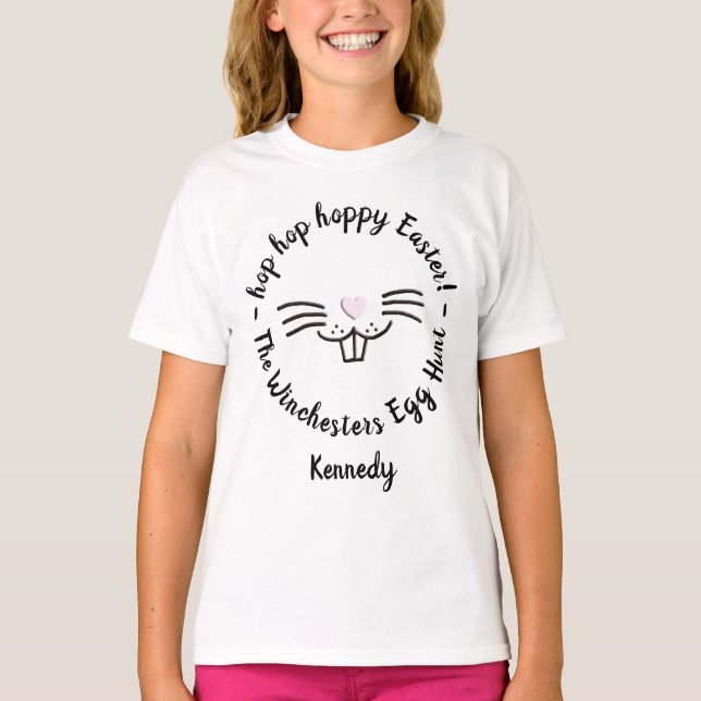 Hoppy Easter cute bunny face custom name egg hunt T-Shirt (Front)