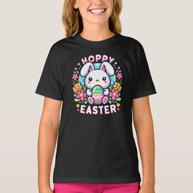 Hoppy Easter – Cute Bunny with Colourful Egg T-Shirt (Front)