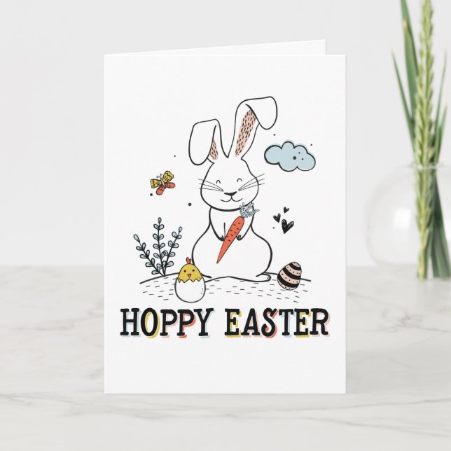 Hoppy Easter Cute Doodle Easter Bunny Card (Front)