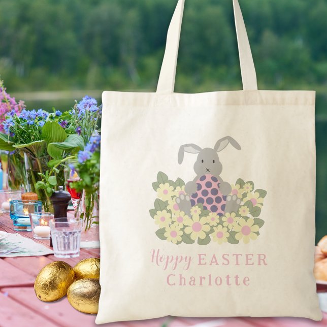 Hoppy Easter Egg Hunt Bunny Floral Tote Bag (Personalized girls name Easter egg hunt cute bunny daisy floral pink tote bag)