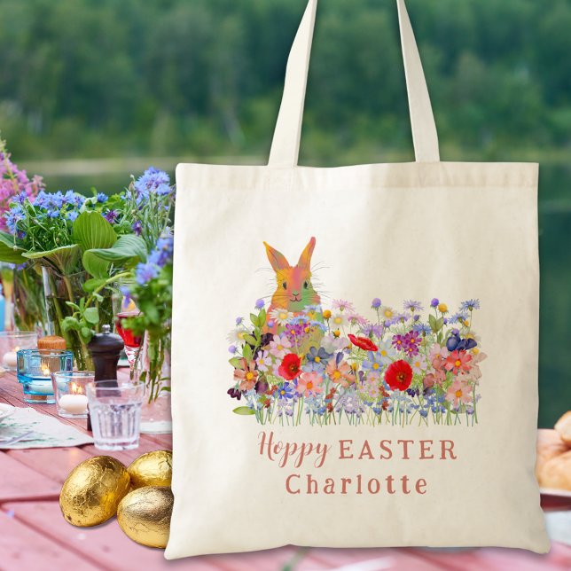 Hoppy Easter Egg Hunt Bunny Wildflowers Kids Name Tote Bag (Personalized easter egg hunt cute colorful bunny wildflower floral tote bag)