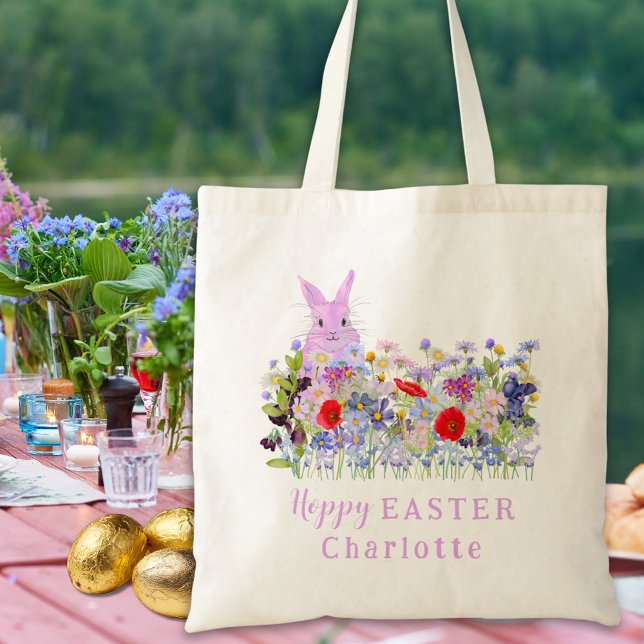 Hoppy Easter Egg Hunt Pink Bunny Wildflowers Name Tote Bag (Personalized girl name easter egg hunt cute pink bunny wildflower meadow floral garden party tote )
