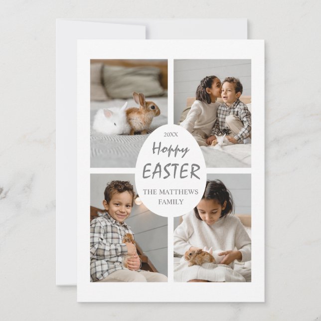 Hoppy Easter Multi-Photo Card. White Egg and Back. Holiday Card (Front)