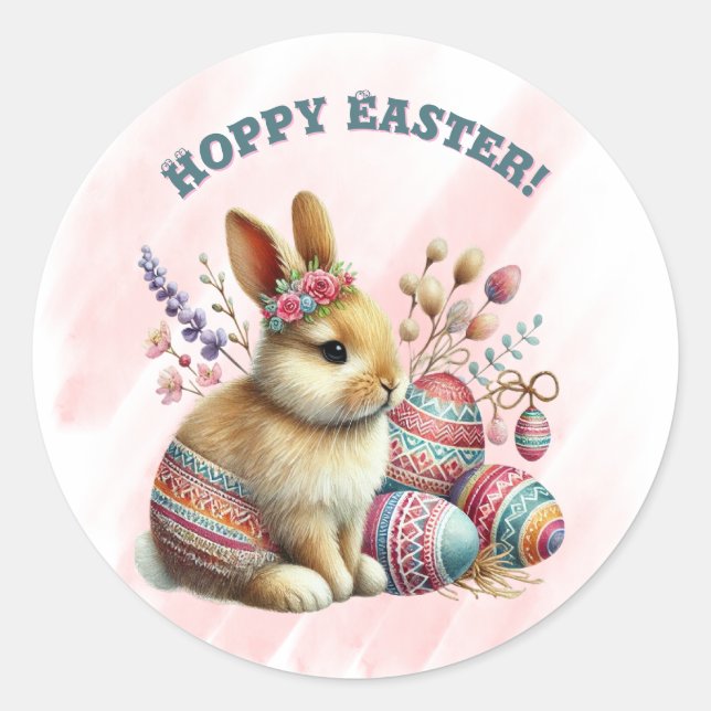Hoppy Easter Rabbit Easter Eggs Classic Round Sticker (Front)