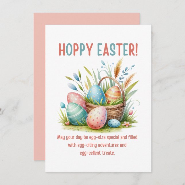 hoppy easter watercolor eggs in basket funny holiday card (Front/Back)