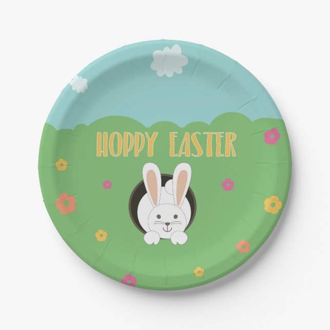 Hoppy Easter word pun white bunny Paper Plate (Front)