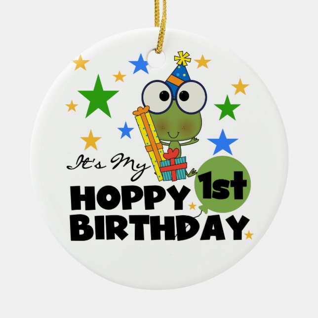 Hoppy Frog 1st Birthday T shirts and Gifts Ceramic Tree Decoration (Front)