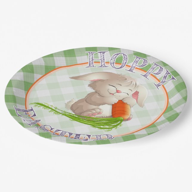 Hoppy Happy Easter Bunny Green Gingham Pattern Paper Plate (Angled)