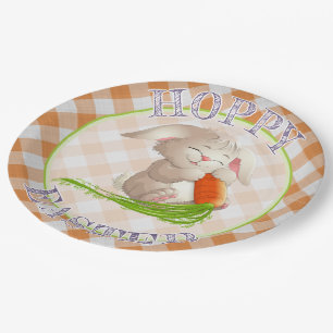 Hoppy Happy Easter Bunny Orange Gingham Pattern Paper Plate